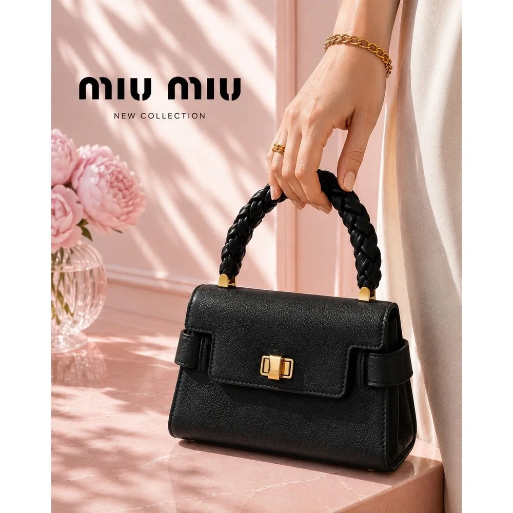 Miu Miu Madras Black Leather Braided Top Handle Bag Gold Hardware Handbag